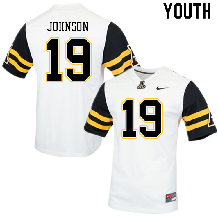 Youth #19 Elijah Johnson Appalachian State Mountaineers College Football Jerseys Sale-White - Click Image to Close